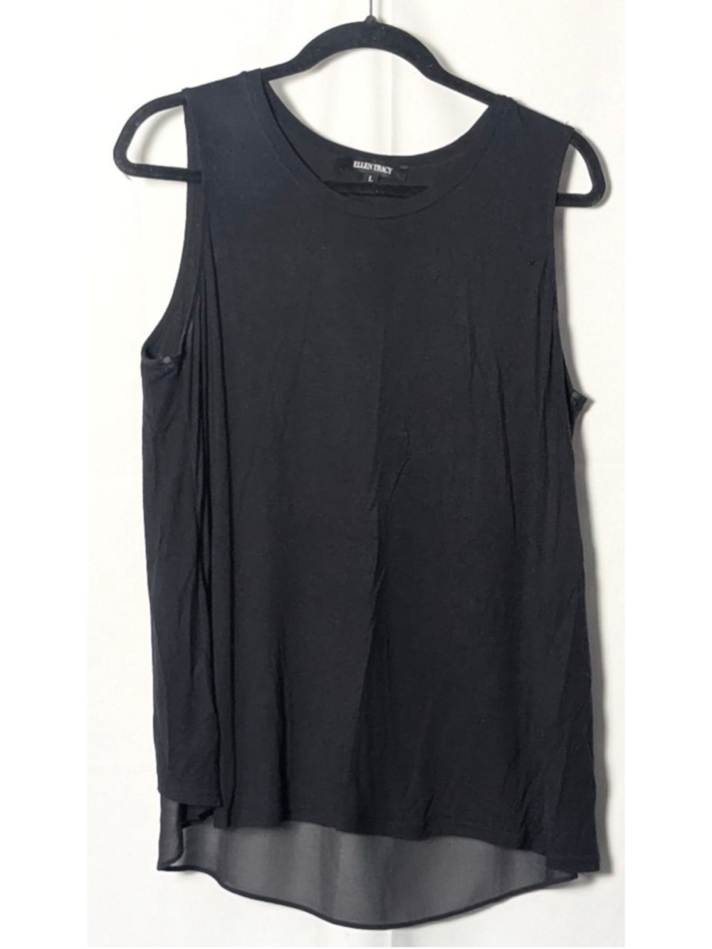 Ellen Tracy Black Sleeveless Blouse Sheer Hem Layered Back Women's Large